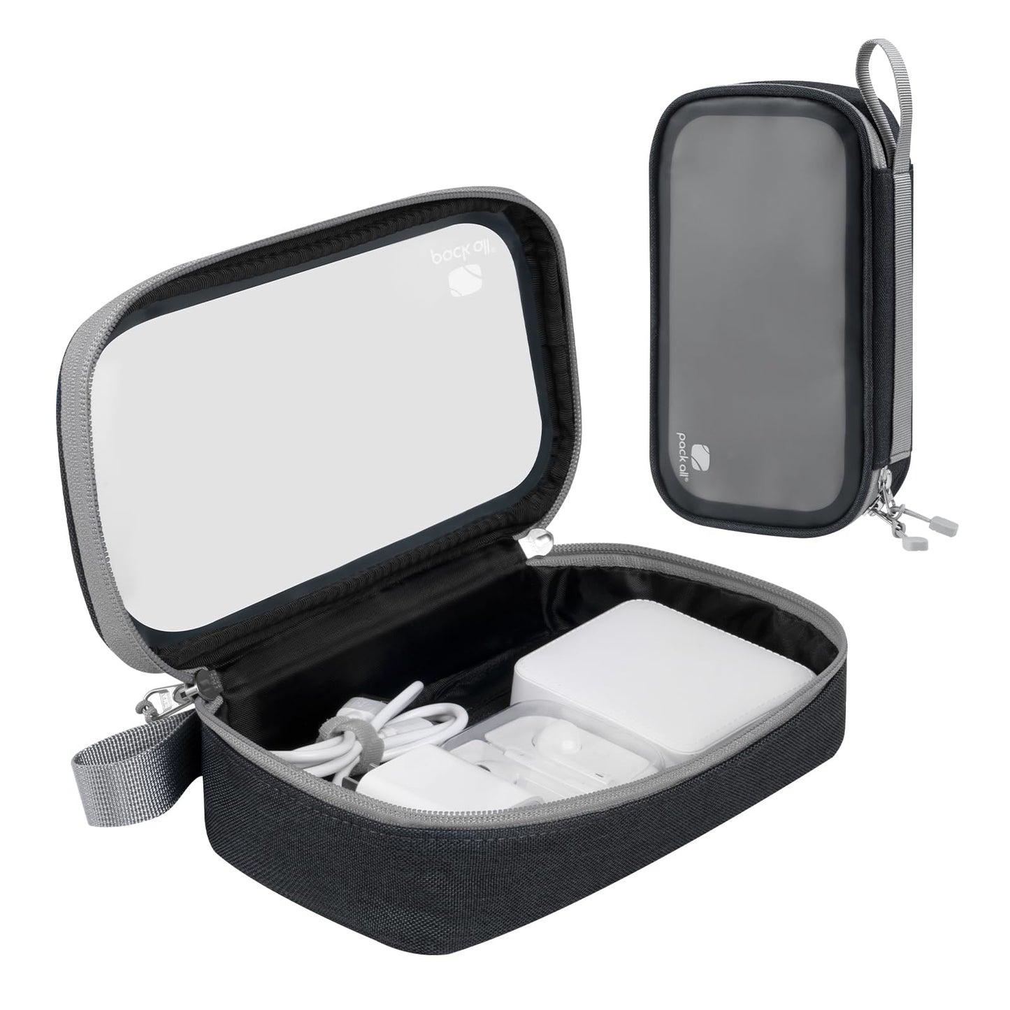 pack all Clear Electronic Organizer, TPU Cable Organizer Bag, Compact Cord Travel Organizer for Cables, Chargers, Phones, USB Cords, SD Cards (Black)