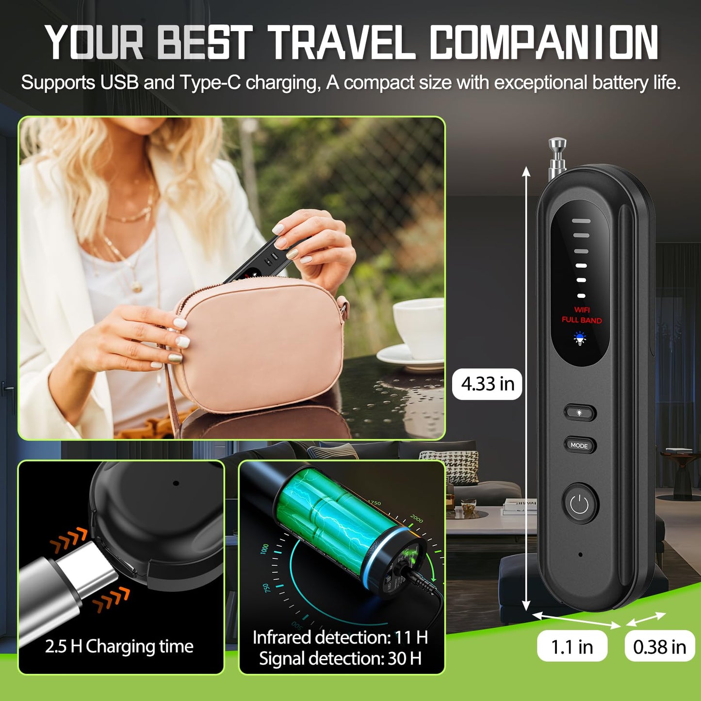 J.Stanar Hidden Camera Detector for Travel, RF Bug Detector and Tracker Finder for Bugged Cameras, GPS Trackers- Hotel/Public Restroom/Vehicles, Bug
