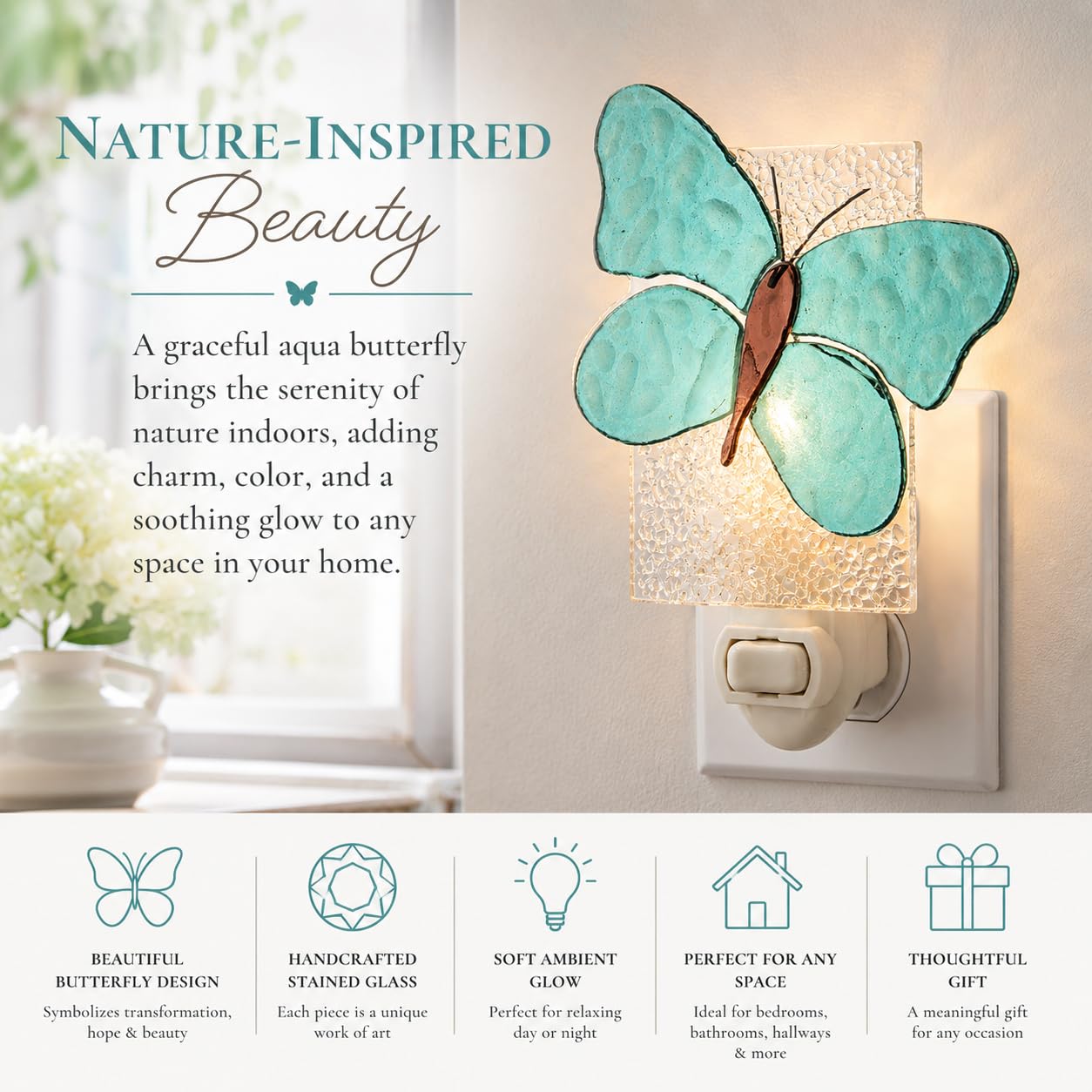 J Devlin Aqua Butterfly Night Light, Handcrafted Stained Glass