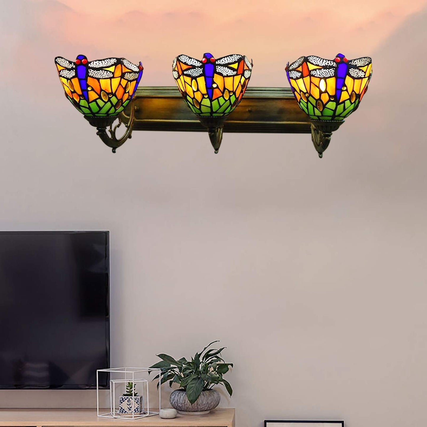 TFCFL 3 Lights Sconce Lightings, Bronze Finish Handcraft Stained Glass Vanity Lighting Wall Sconces Fixture Dragonfly Shades Stained Glass Sconce