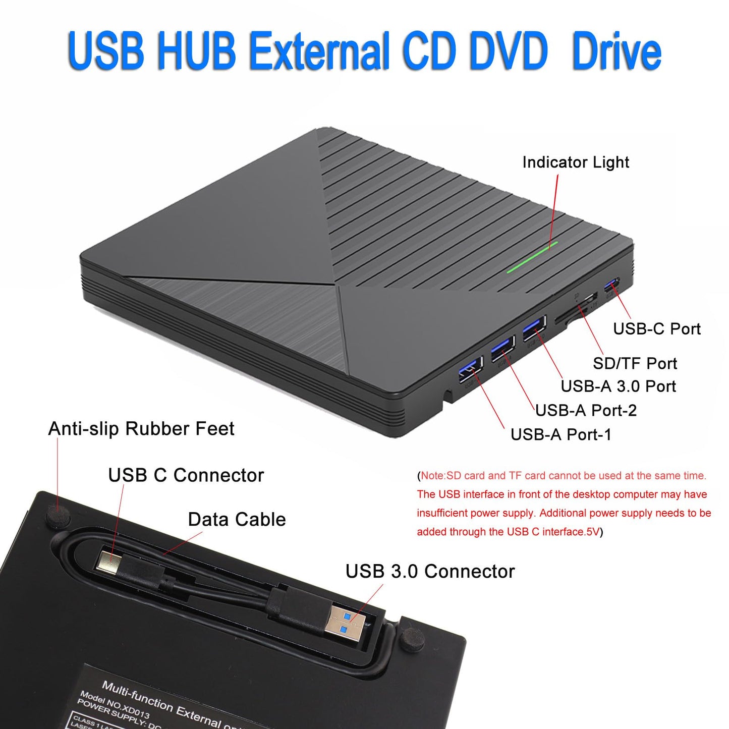 External CD DVD Drive for Laptop Mac with 3 USB Ports and 2 TF/SD Card Slots,USB 3.0 & USB-C CD DVD Optical Disc Reader Burner Player for MacBook Pro
