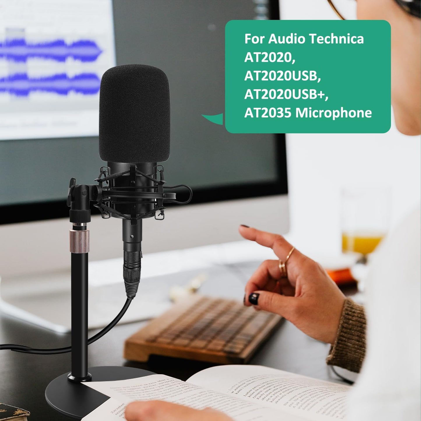 AT2020 Mic Stand, Adjustable Height Desk Mic Stand with Shock Mount, Foam Windscreen, Metal Weighted Base, 1/4 to 3/8 Metal Adapter, for AT2020