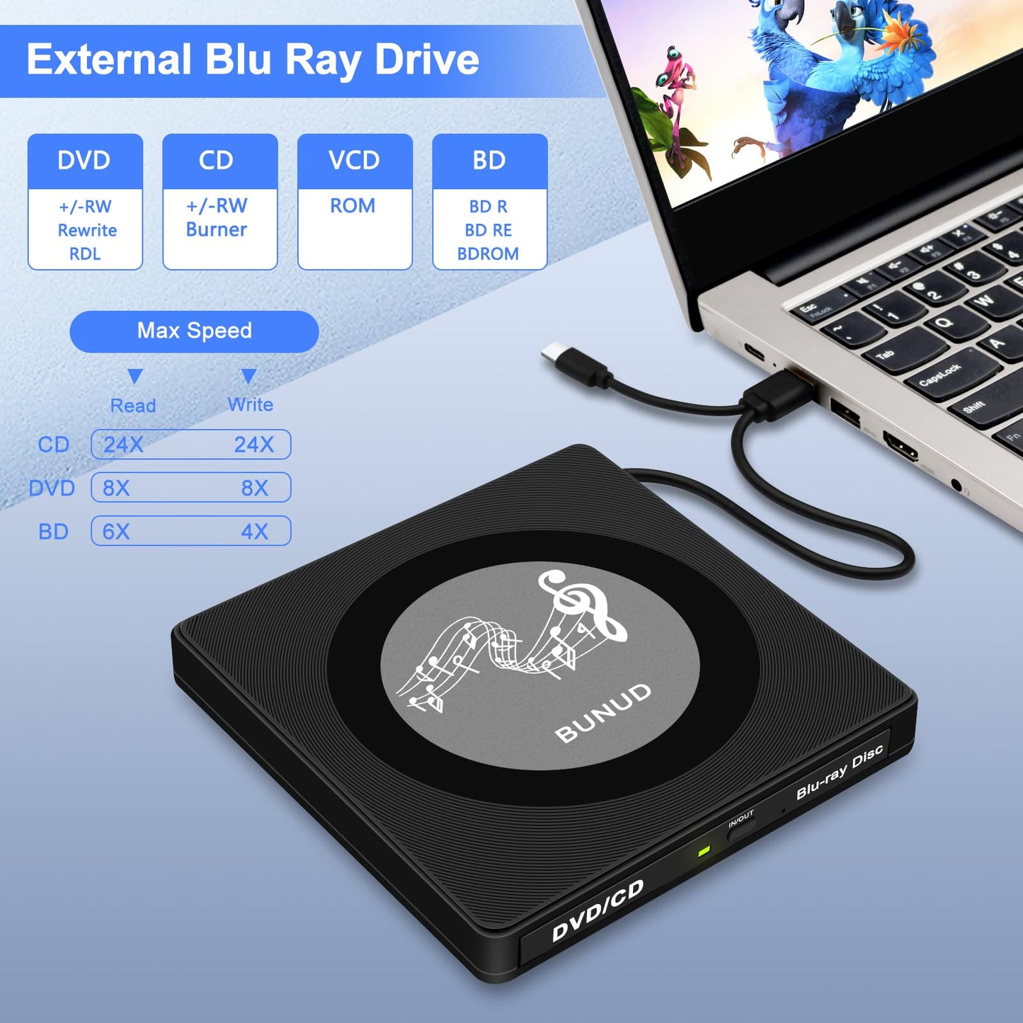 External Blu Ray CD DVD Drive, USB Blu Ray Drive External Bluray Burner Read/Write BD Player with 2 USB and TF/SD Slots, Optical Blue Ray CD DVD