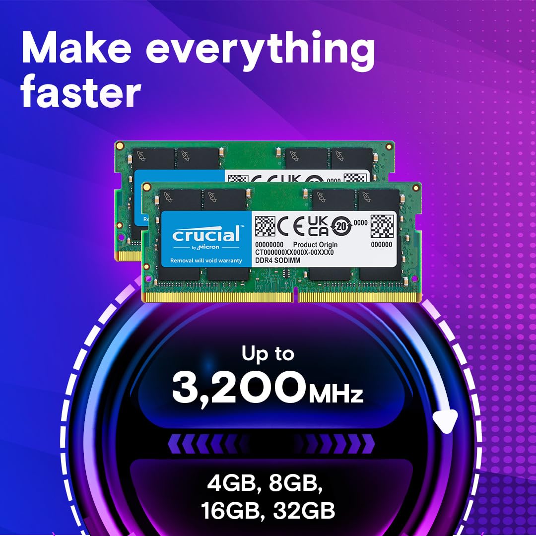Crucial 16GB DDR4 RAM Kit (2x8GB), 3200MHz (PC4-25600), Downclockable to 2933/2666MHz Laptop Memory SODIMM 260-Pin, Compatible with 13th Gen Intel