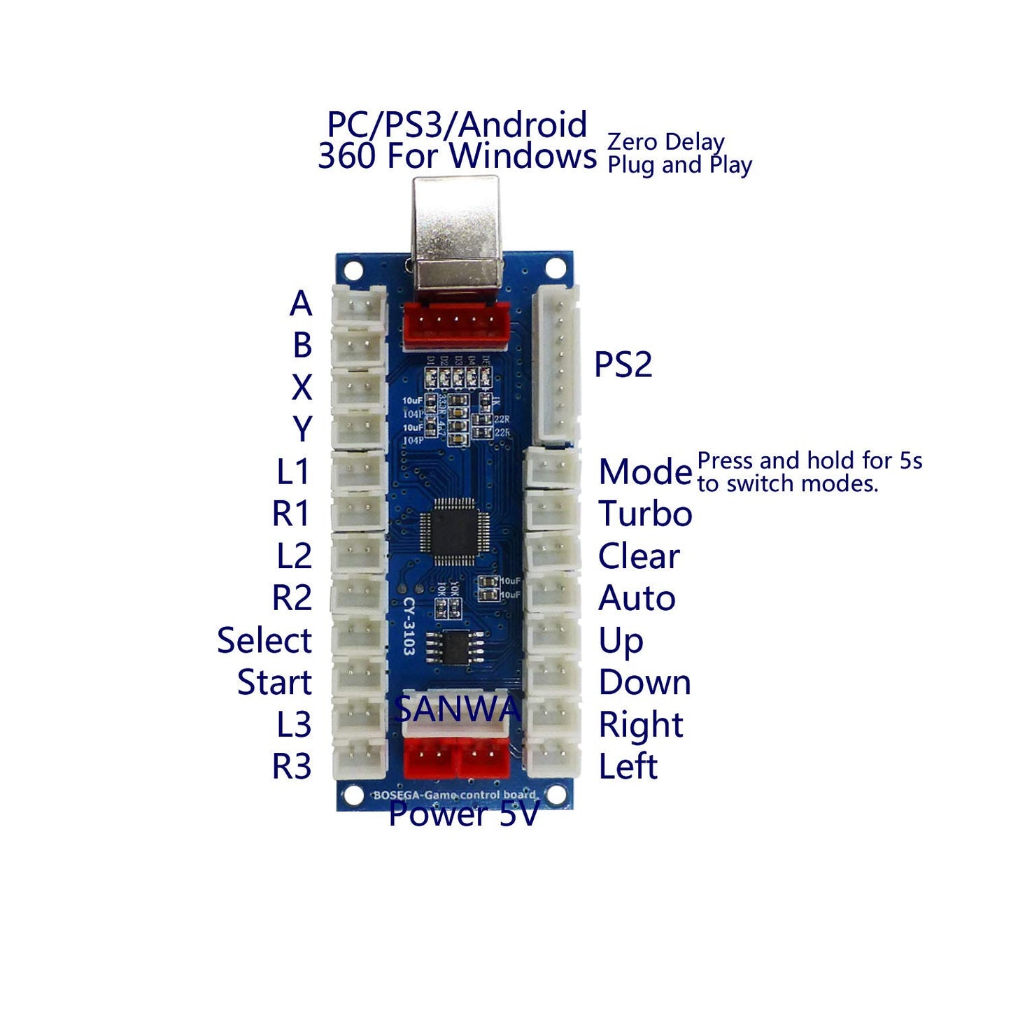 SJ@JX Arcade Controller Zero Delay Encoder PCB Board Arcade DIY Kit Joystick Button 5V Power for PC Raspberry Pi Android PS2 PS3