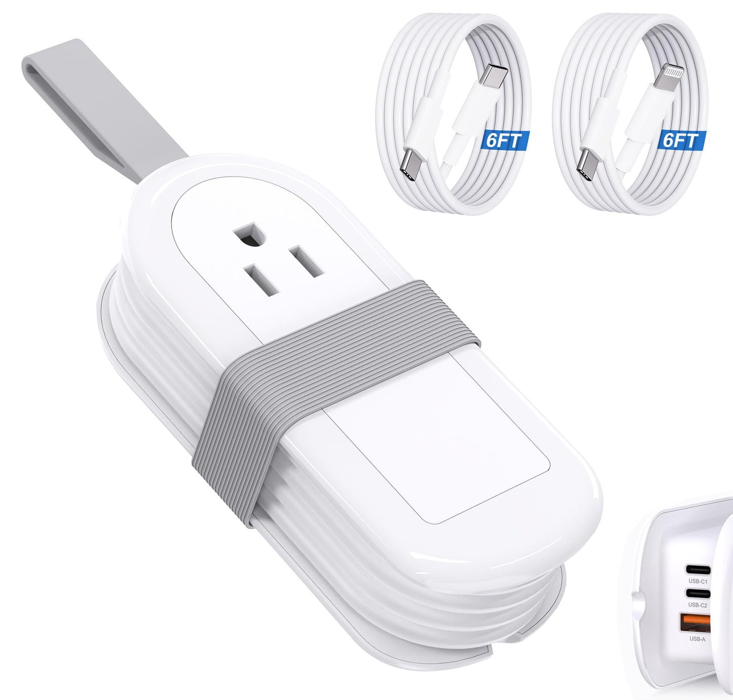 65W Built-in GaN Charger, 2.6ft Portable Power Strip with 2 USB-C 1 USB-A (20V,3.25A) Fast Charging and 2 outlets Upto 1500W, for Home,Travel,Office