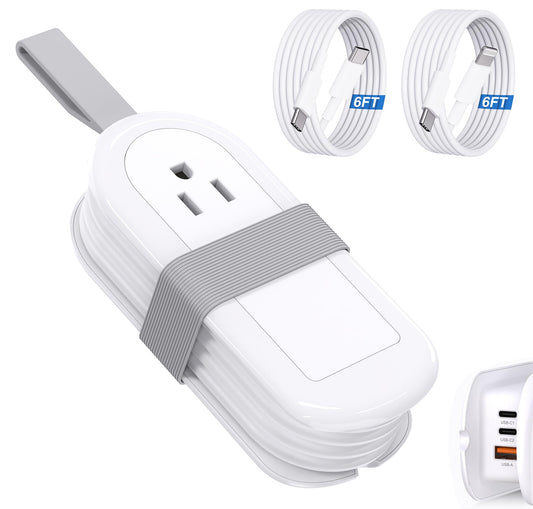 65W Built-in GaN Charger, 2.6ft Portable Power Strip with 2 USB-C 1 USB-A (20V,3.25A) Fast Charging and 2 outlets Upto 1500W, for Home,Travel,Office