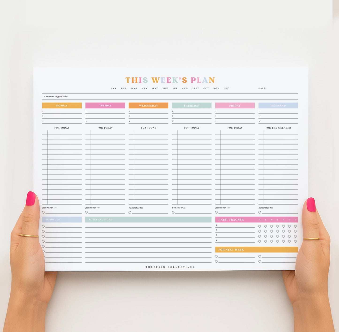 ThreeKin Weekly Planner - Premium 52-Sheet Tear-Off Notepad, 8.5 x 11 inches, Clean Colorful Design, Perfect for Work, School, Projects,