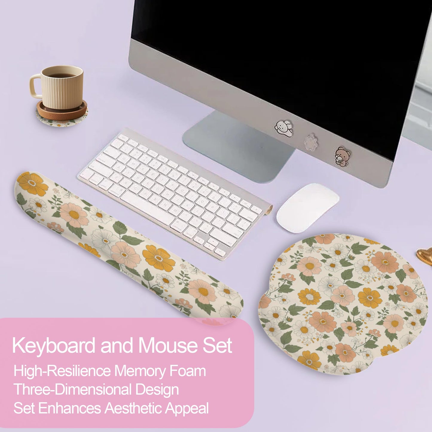 Retro Boho Groovy Flower Mouse Pad with Wrist Rest and Keyboard Wrist Rest Set, Non-Slip Rubber Base Memory Foam Mouse Pad Set for Women, Office Desk