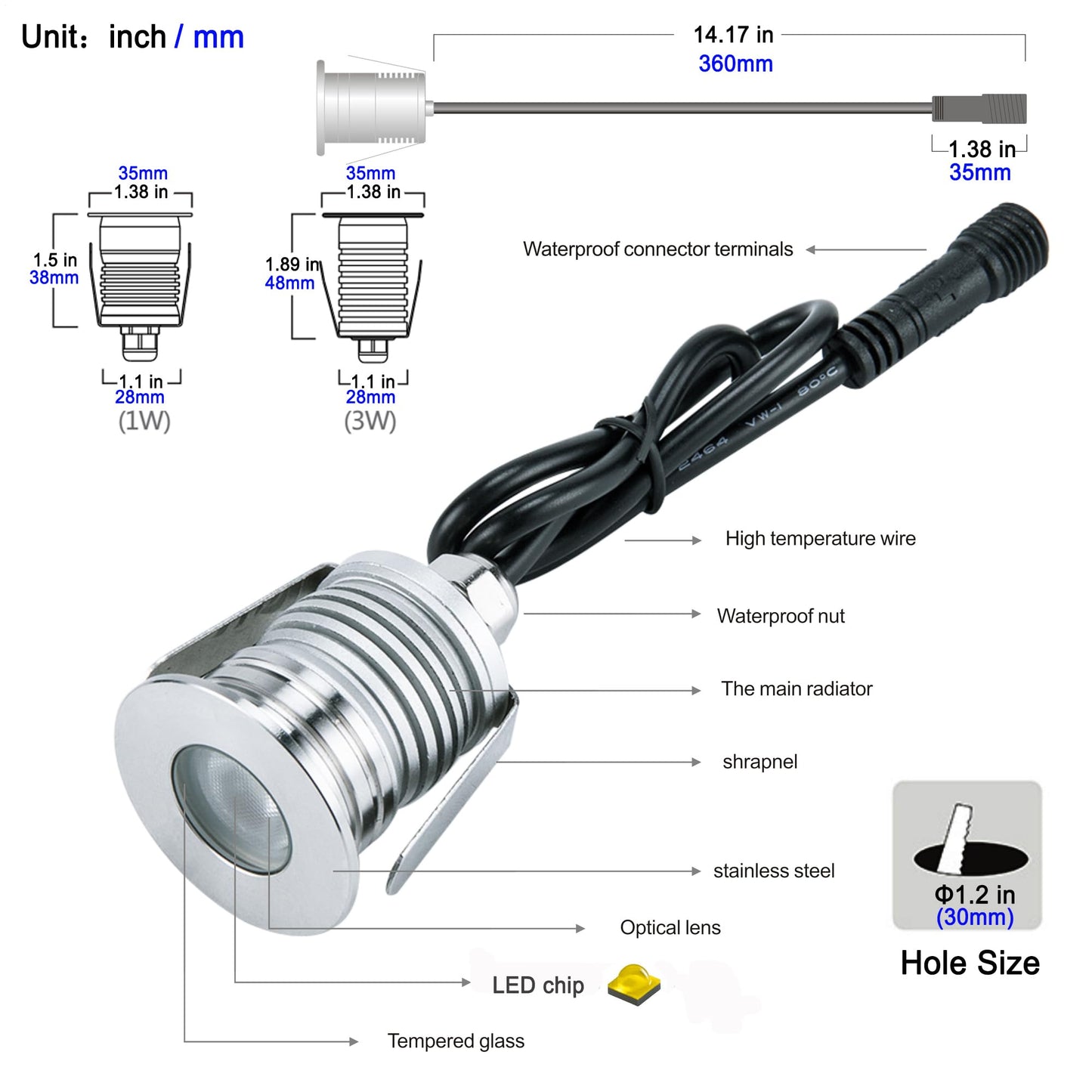 CNBRIGHTER LED In-Ground Well Light,1W,12V-24V DC, IP67 Waterproof Aluminum Buried Underground Lamps,Outdoor Landscape Lighting,Warm White 3000K