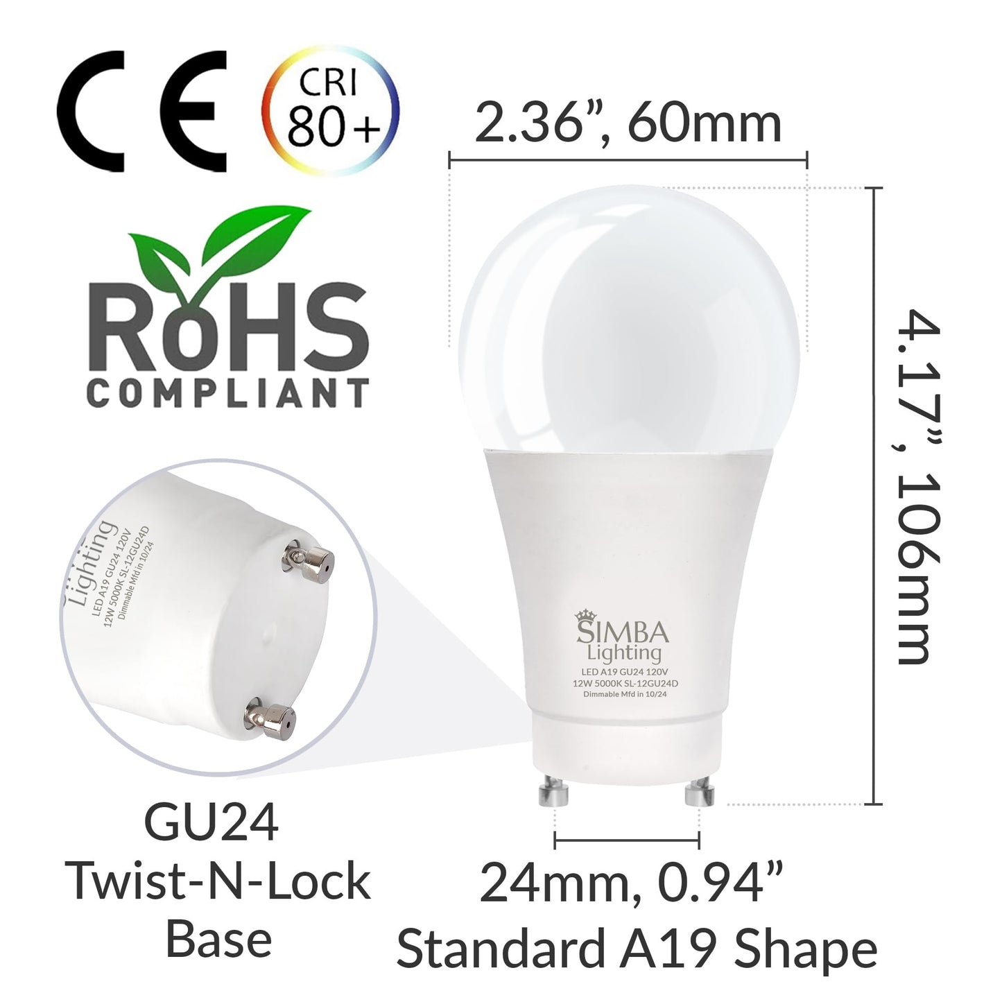 Simba Lighting LED GU24 A19 12W Dimmable Twist and Lock Base, 5000K, 4 Pack