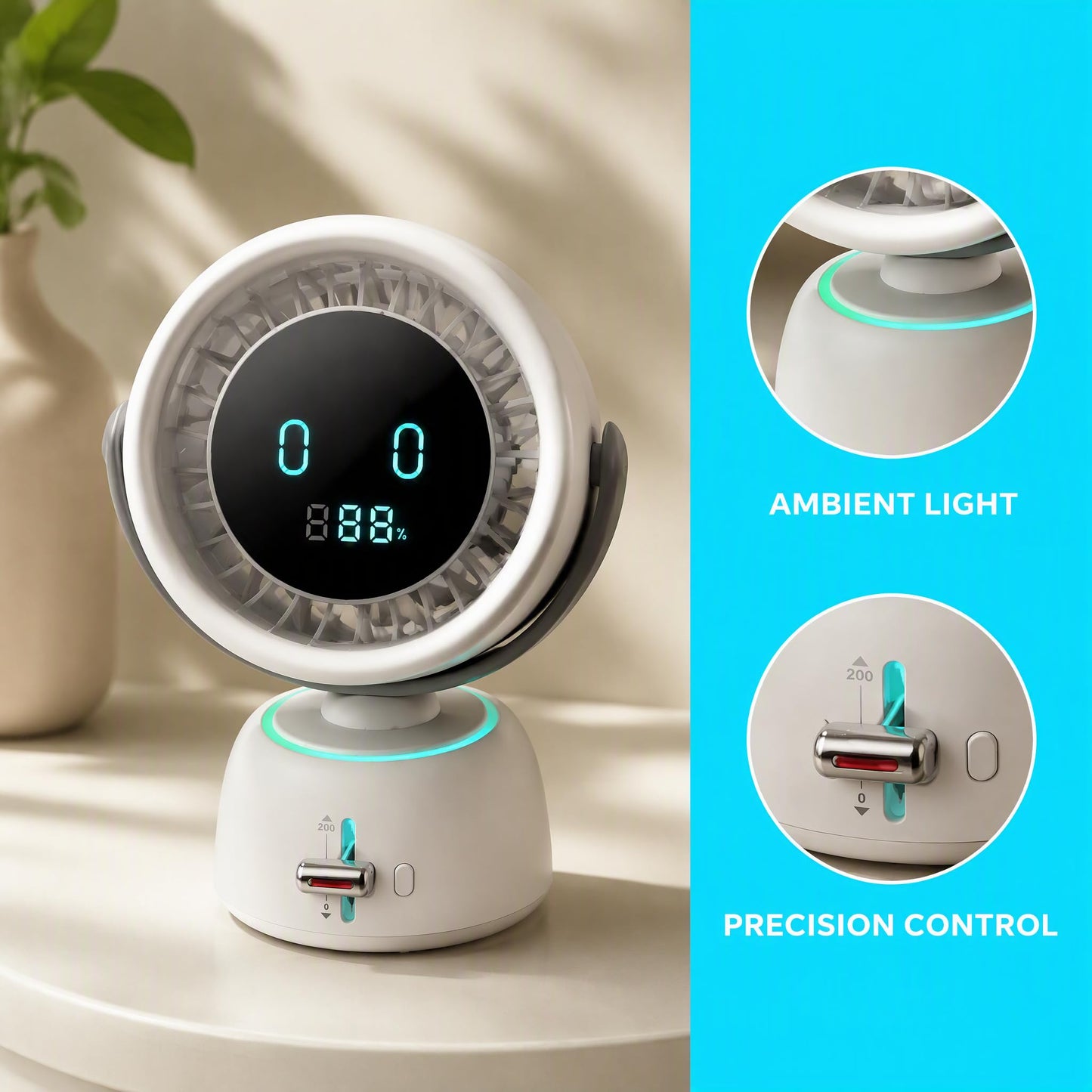 Smart Table Fan with Face Tracking, RGB Ambient Light, Speed Control
