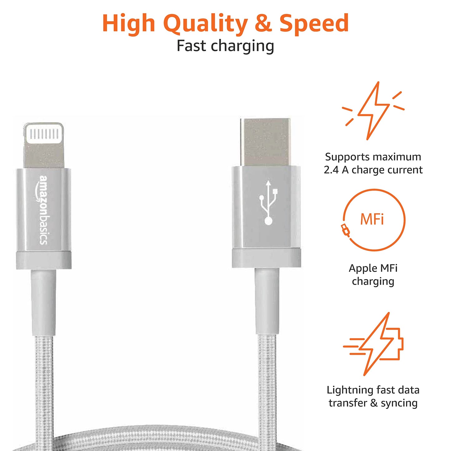 Amazon Basics USB-A to Lightning Charger Cable, Nylon Braided Cord, MFi Certified Charger for Apple iPhone 14 13 12 11 X Xs Pro, Pro Max, Plus, iPad…