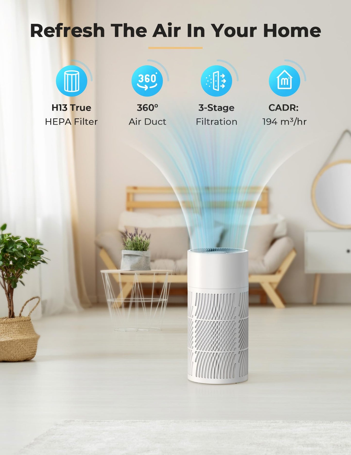 Nuwave Oxypure Air Purifier HEPA Filter for Home Bedroom, 17dB, 360° Intake