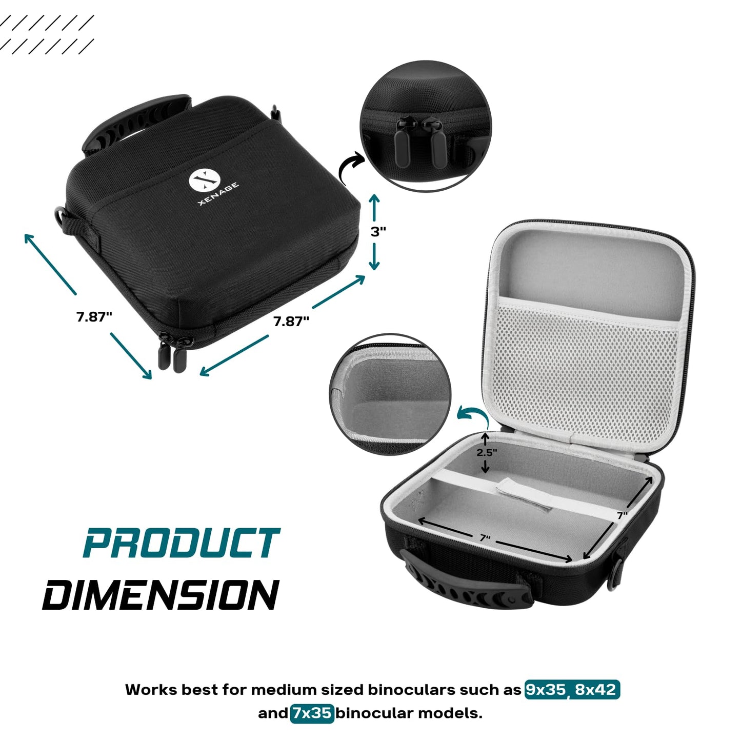 Xenage Binocular Case with Heavy-Duty Water-Resistant Hard EVA Cover (7x7x2.5”) Carry Handle, and Carrying Strap for Hiking, Hunting, Backpacking
