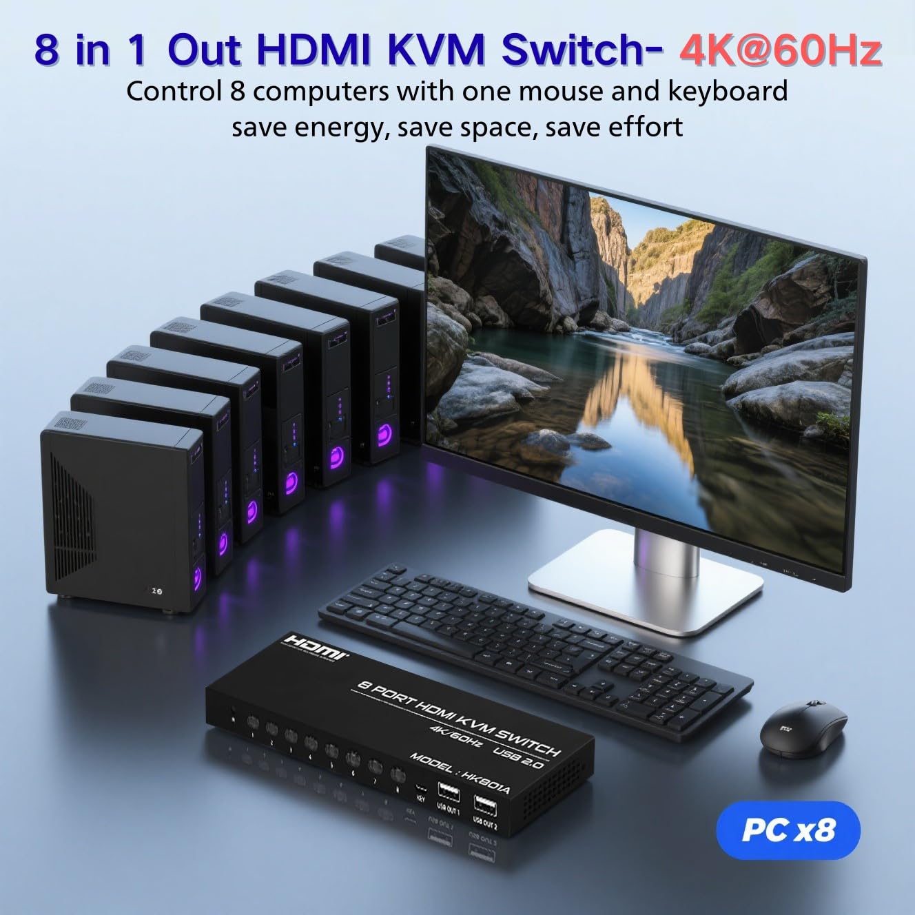 8 Port HDMI KVM Switch, 4K@60Hz 8 in 1 Out HDMI KVM Switch for 8 Computers Share 1 HD Monitor and 4 USB Devices, Including 8 HDMI Cables and Remote