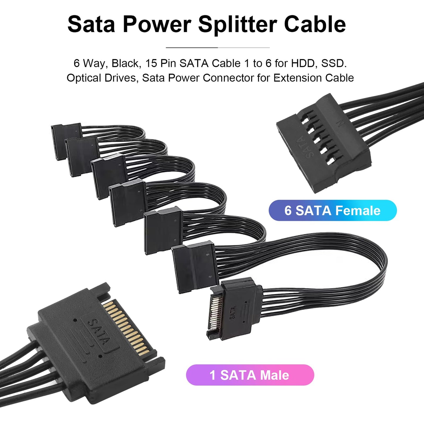 HSZJsto SATA Power Splitter Cable 6 Way, 15Pin SATA Male to 5 Female Power Extension Hard Drive Cable for HDD, SDD, Optical Drives, 21.5CM