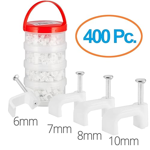 Maximm Cable Management Clips, Square Style for Flat Cables, White - 400 pcs - 6mm + 7mm + 8mm + 10mm with Steel Nails