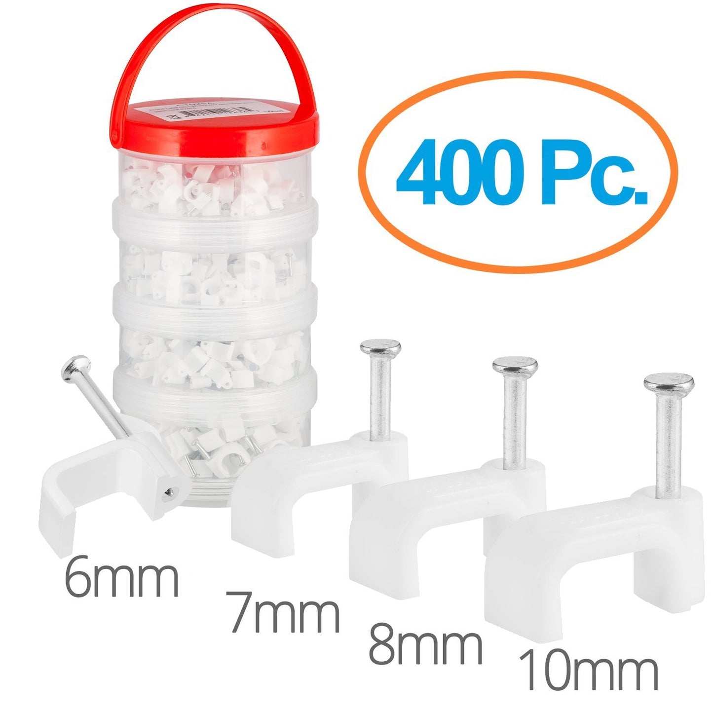 Maximm Cable Management Clips, Square Style for Flat Cables, White - 400 pcs - 6mm + 7mm + 8mm + 10mm with Steel Nails