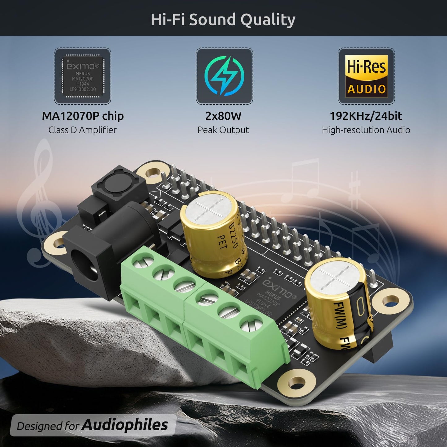InnoMaker Audio Amplifier 2x80W Peak Output Class D HiFi AMP Pro Mini Hat 192KHz/24bit MA12070P for Raspberry Pi 5/4/Zero 2W Support Volumio, MoOde
