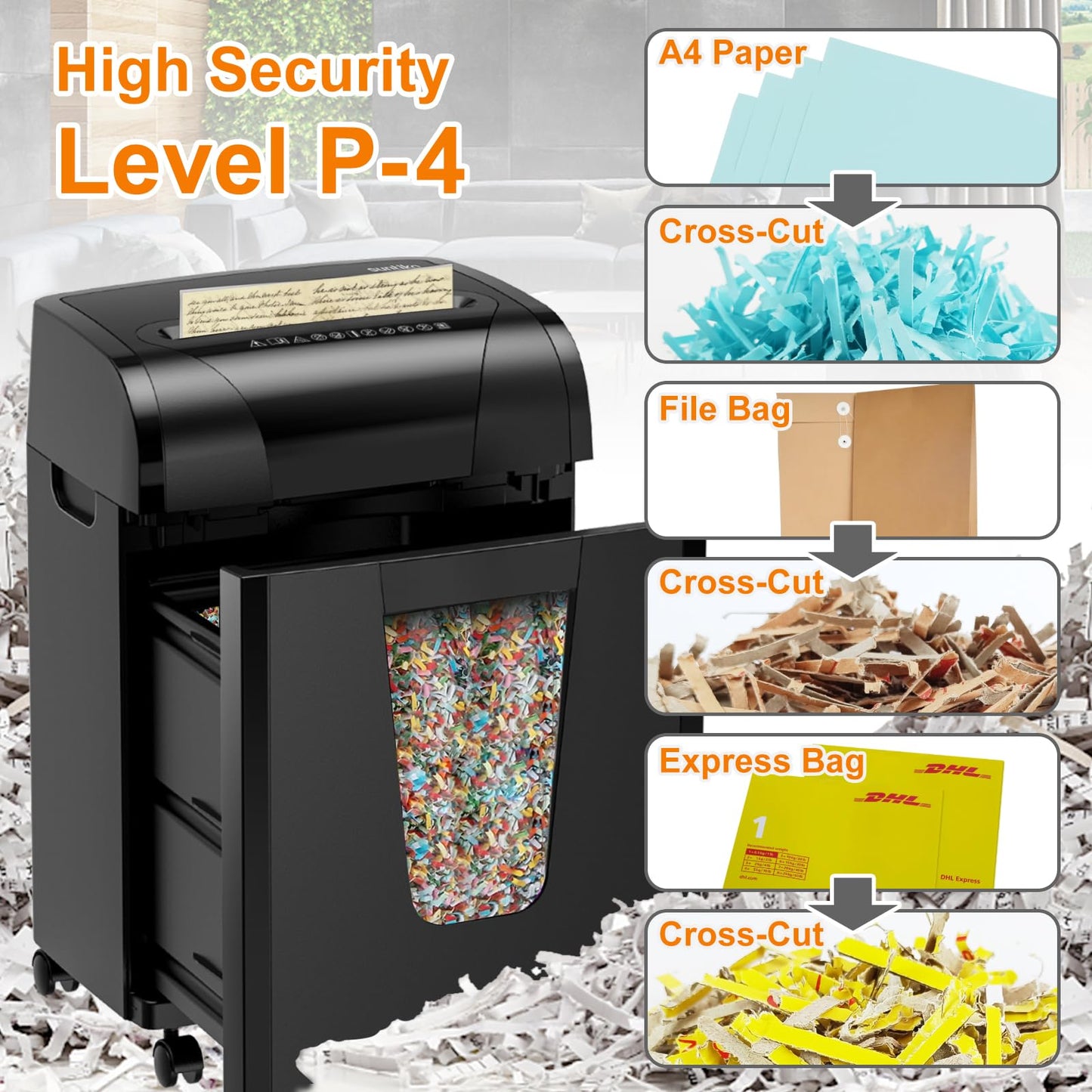 Suntiko Paper Shredder, 18-Sheet Cross Cut Level P-4, Shred Paper/Credit Card/CD, with Large Pull Out Bin?Insert Auto Jam Proof System Shredder