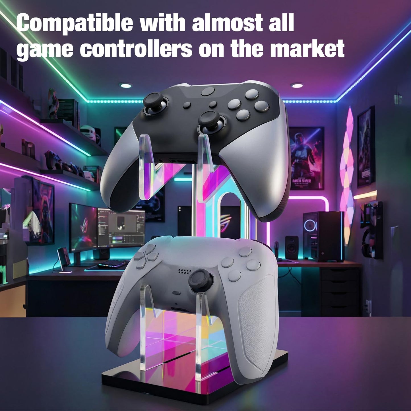 NiHome Iridescent Acrylic 2-Tier Universal Game Controller Headset Holder Stand for PS5 Xbox ONE Switch Colorful Controller Stand Gaming Accessories