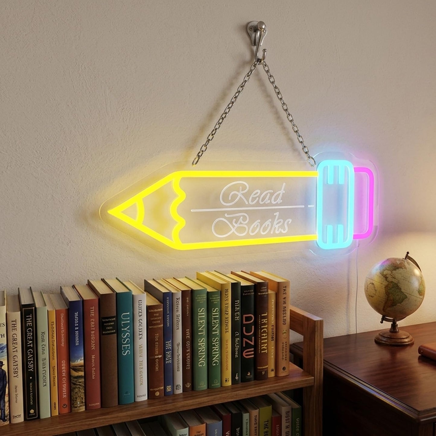 Read Books Pencil Neon Sign, LED Neon Light with Metal Chain & Dimmable Switch, Creative Educational Neon Light for Classroom, Kids Bedroom, Library
