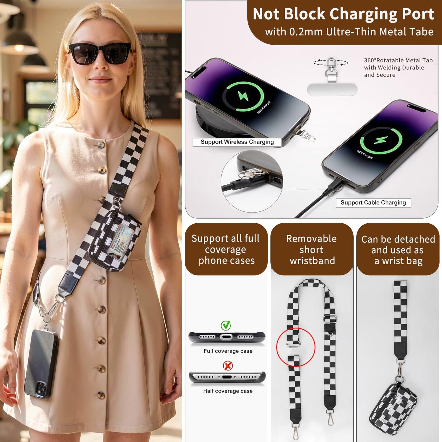 RsAingT Wristlet Wallets Keychain for Women, Clip and Go Strap for Phone with Clear ID Window Zipper Coin Purse(Checkerboard)
