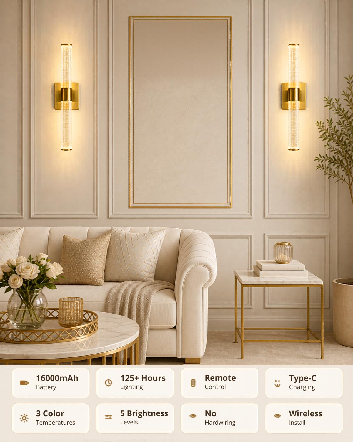 Wall Sconces Set of Two,Guwikou 15.8" Battery Operated Wall Sconce with 16000mAh Large Capacity,Screw-Mounted,USB-C Charging,Smart Auto, 30ft Remote,5