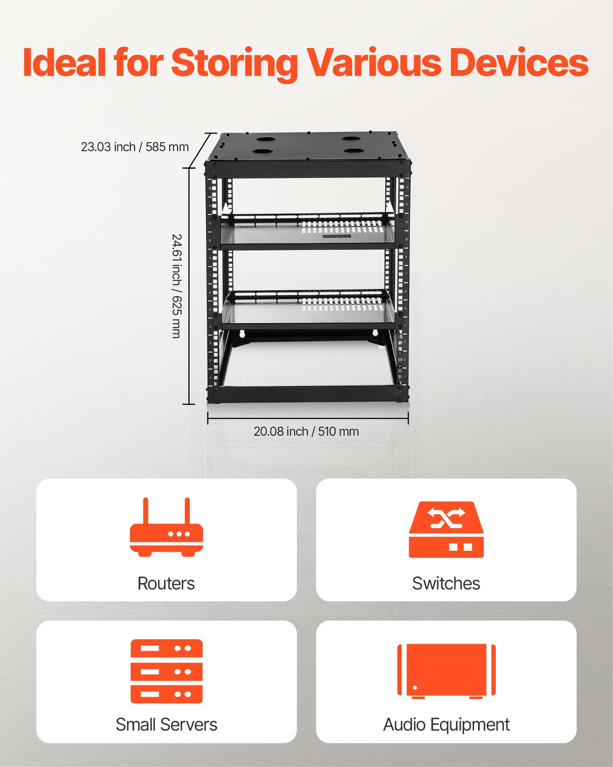 VEVOR 12U Open Frame Network Rack, 23 in Depth, Wall Mounted or Floor Standing Server Rack, Heavy Duty 4 Post, with Vented Shelves & Mounting