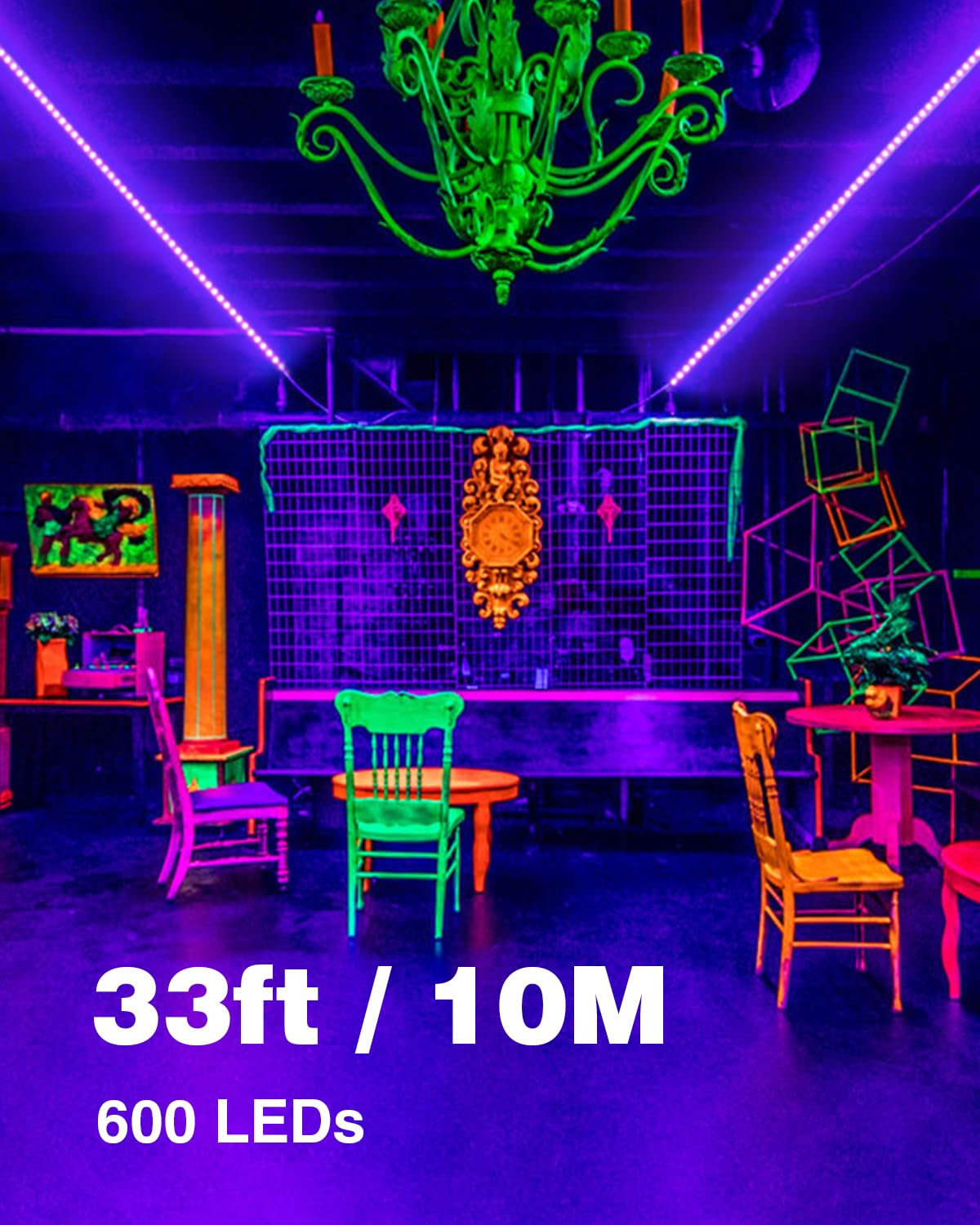 Onforu 32.8ft LED Black Light Strip Kit, 600 Units Lamp Beads, 12V Flexible Blacklight Fixtures, 10m Ribbon, Non-Waterproof for Glow Party, Indoor