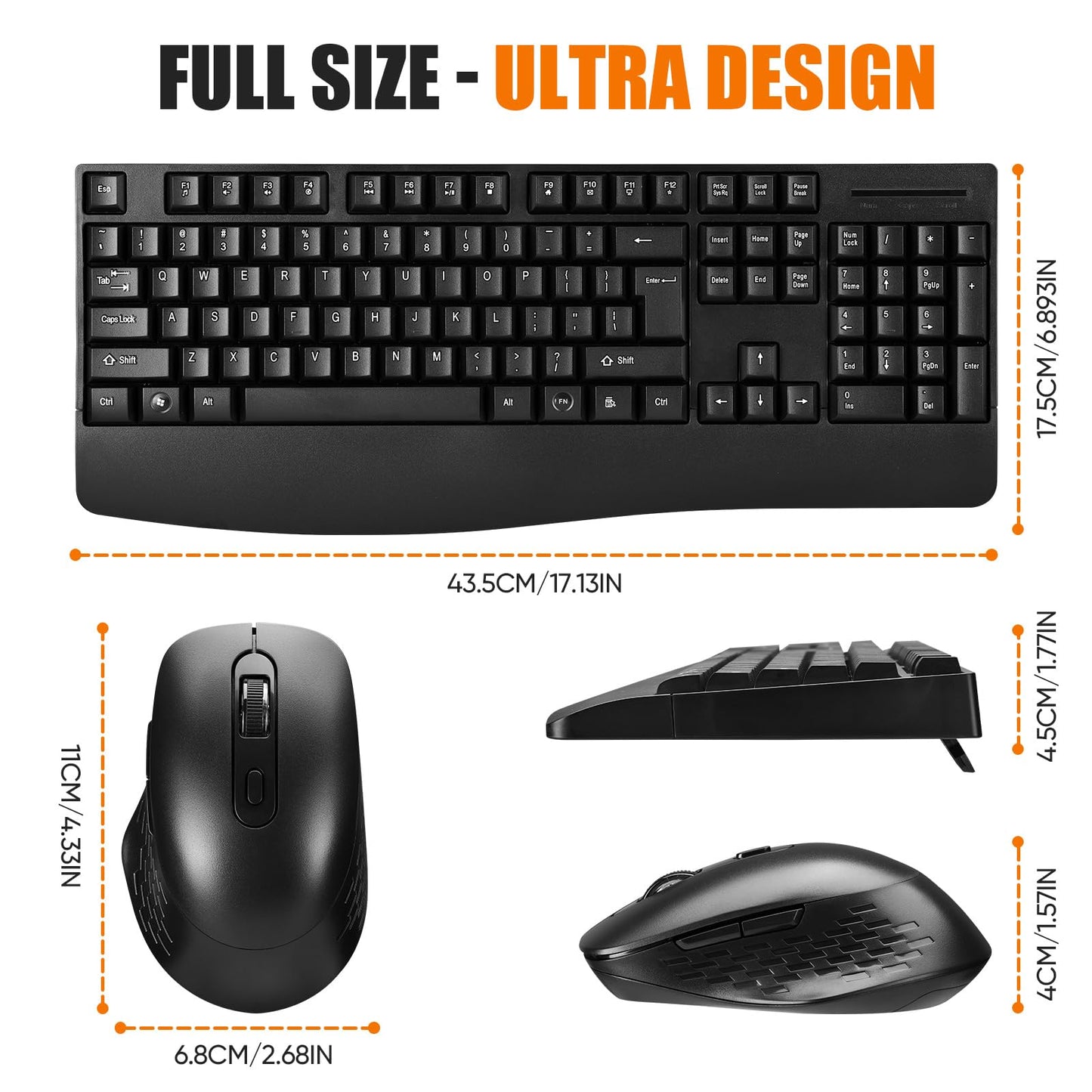 Wireless Computer Keyboard And Mouse Combo with Palm Rest, Large Number Pad, LED Indicators?2.4Ghz Ergonomic, Foldable Stands,Anti-Wear Letters Full