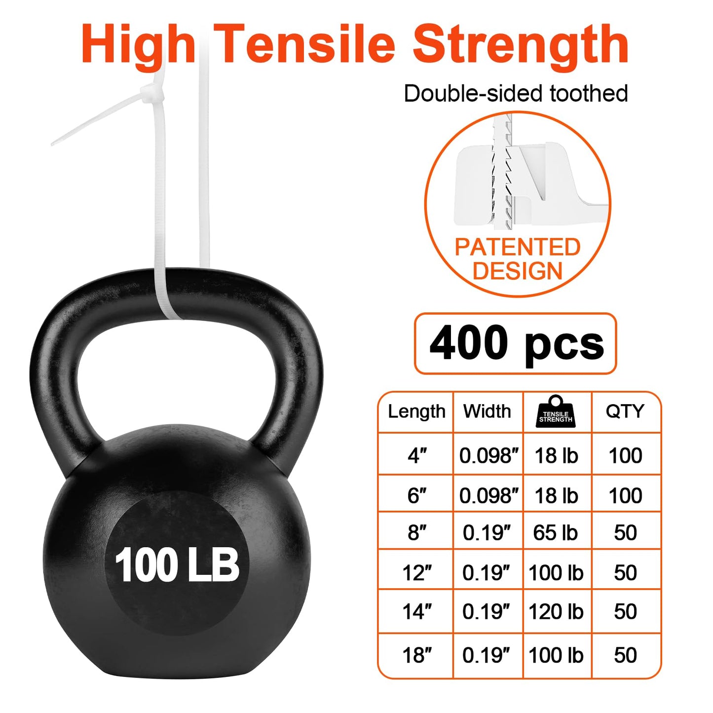 Zip Ties Assorted Size,4+6+8+12+14+18 Inch Double Sided Toothed,100 LBS Tensile Strength Heavy Duty Cable Wire Ties With Self-Locking Adjustable