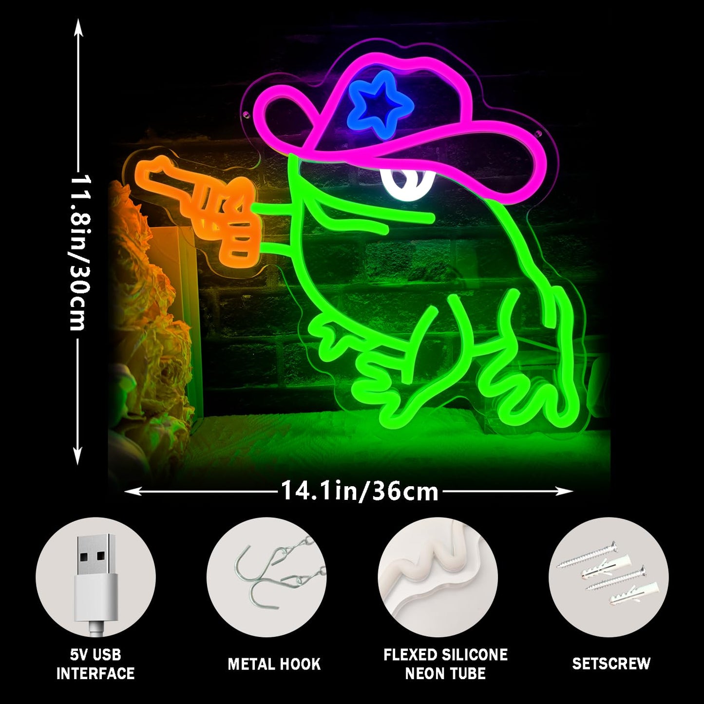 Cowboy frog neon sign, dimmable frog neon LED light funny neon sign for wall decoration, suitable for playroom decoration, party decoration, baby