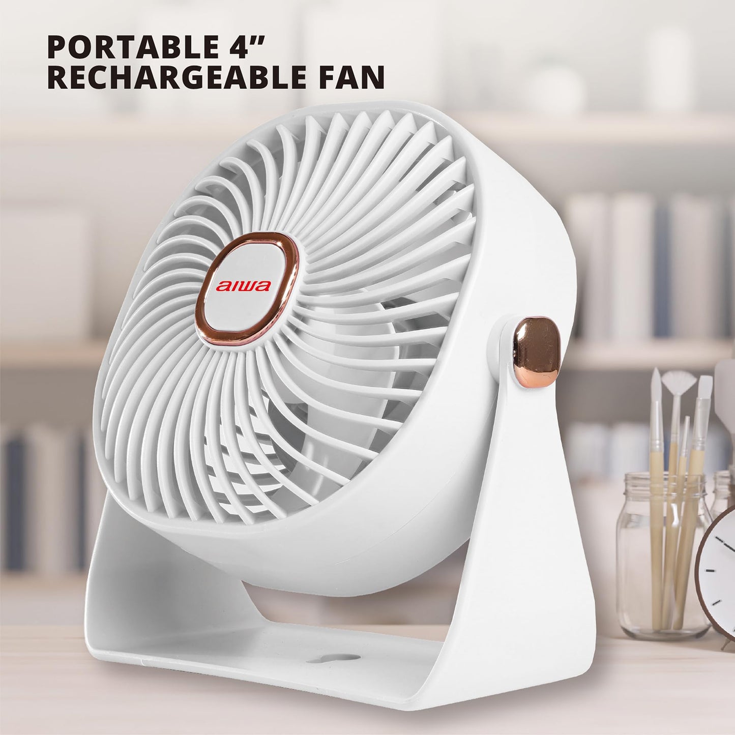 Aiwa Desk Fan, USB-C Rechargeable Mini 4” Desk Fan, Ultra-Powerful, 3 Speed, 270° Head Rotation, Personal Desktop Fan of Office Home & Car, 80 Minutes