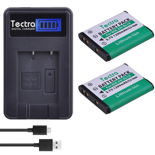 Tectra 2-Pack EN-EL19 Battery + LCD USB Charger for Nikon Coolpix S3500 S2500 S3100 S3200 S3300 S3400 S3500 S4100 S4300 S6500 A100 S32 S33 S100