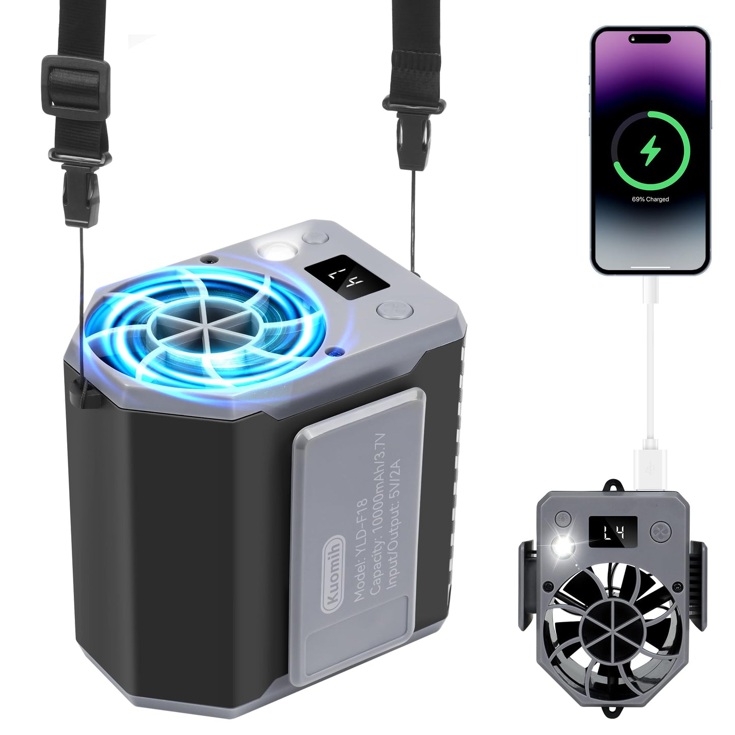 Kuomih Portable Waist Fan, 10000mAh Rechargeable Belt Clip Fan, 10000RPM 4 Speeds, 24H Working Time, Hands-Free Wearable Design for Outdoor Workers