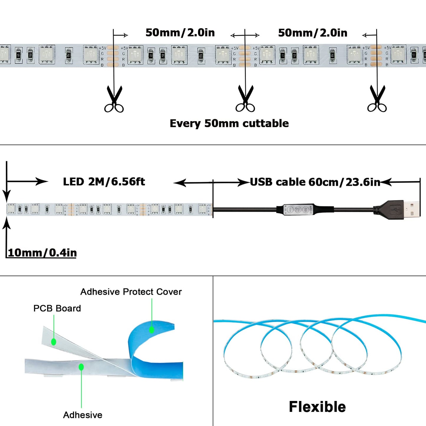 KXZM 5V USB RGB LED Strip Light USB Powered 13.2ft/4M (2pcs x 6.6ft) 240LEDs Flexible SMD 5050 with Controller Dimmable 19 Dynamic Modes 20 Static