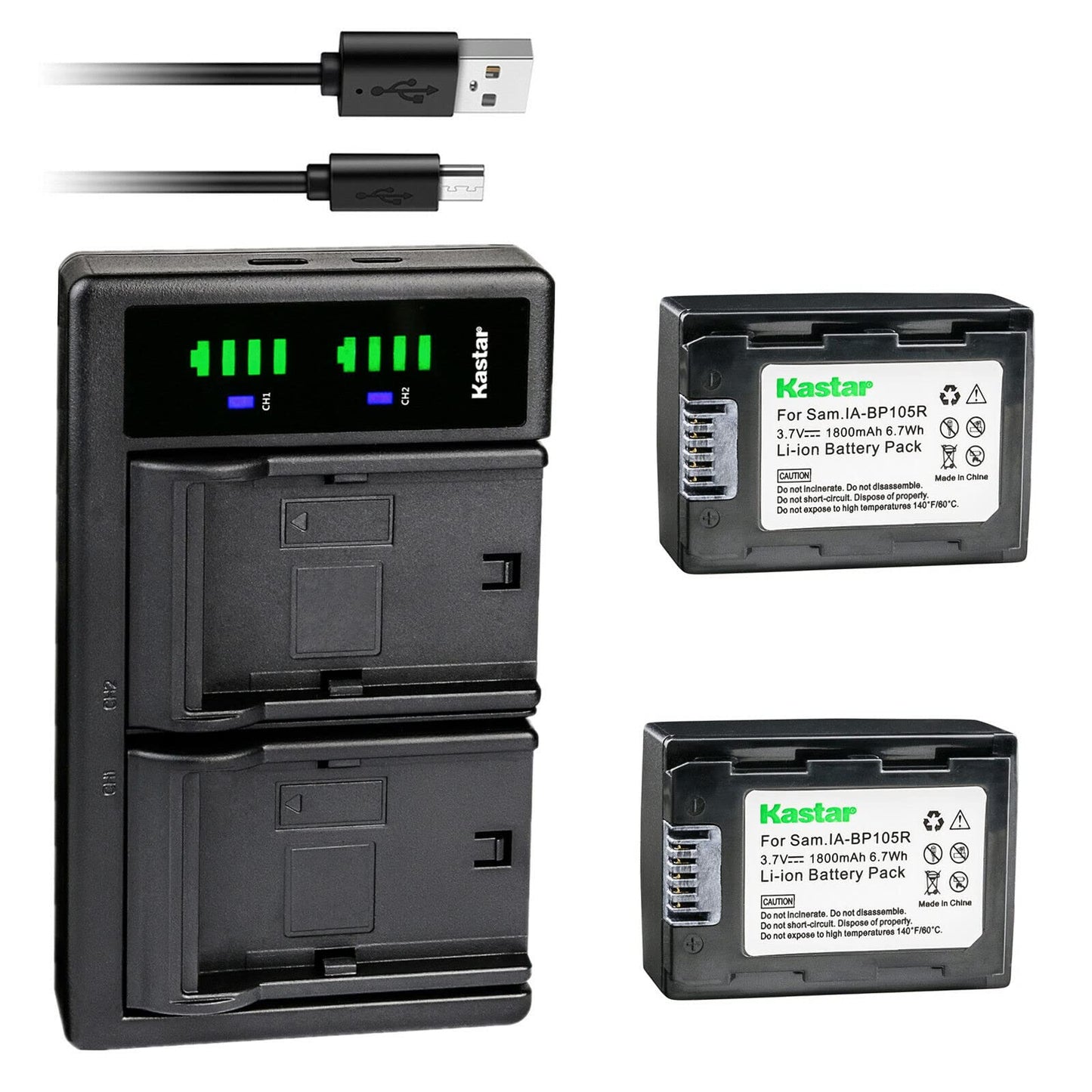 Kastar 2-Pack IA-BP105R Battery and LTD2 USB Charger Replacement for Samsung HMX-F800BN/XAA, HMX-F800SN/XAA, HMX-F90, HMX-F90BN, HMX-F90BN/XAA