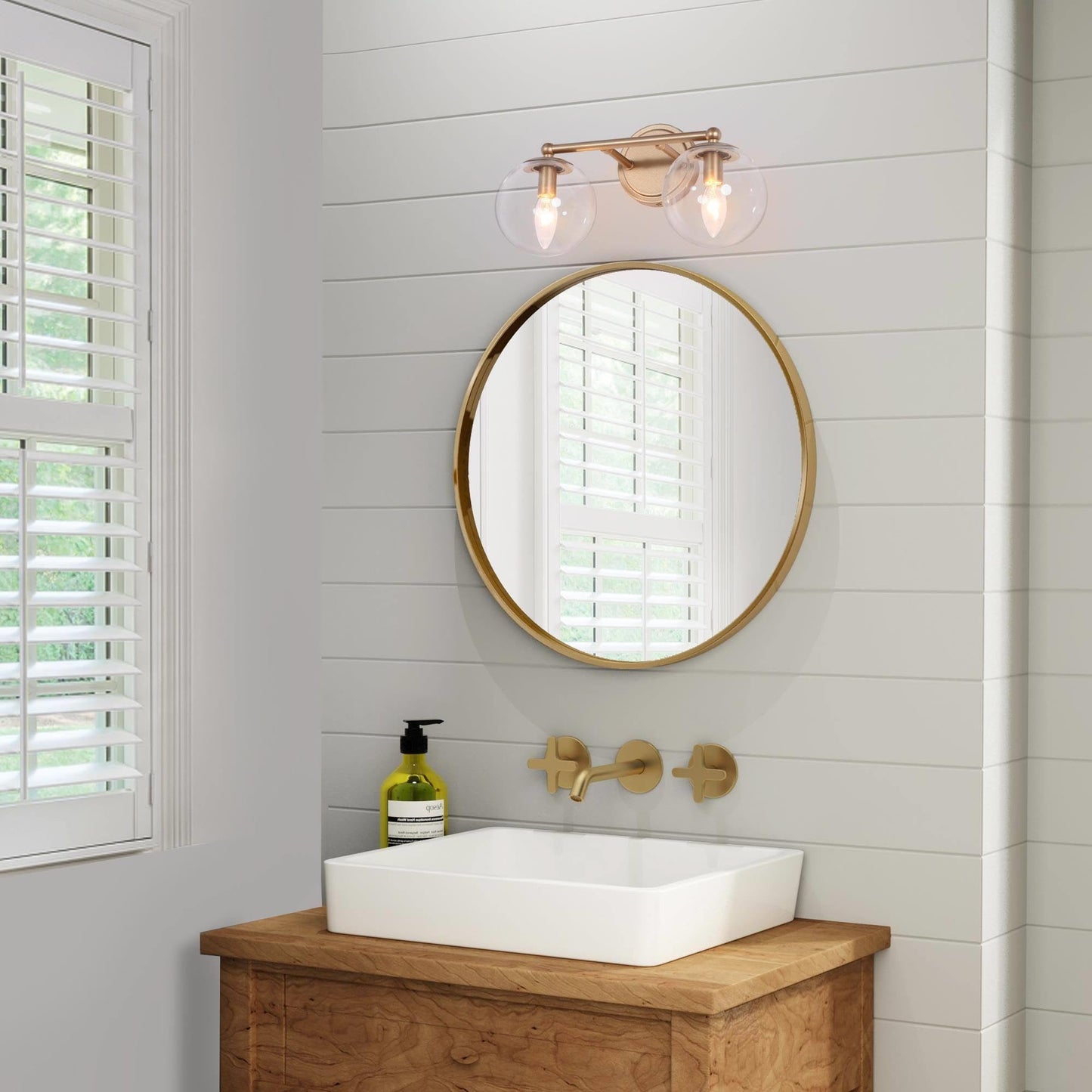 Gold Modern Vanity Lighting with Clear Glass Shade - 2 Light Bathroom Vanity Sconce