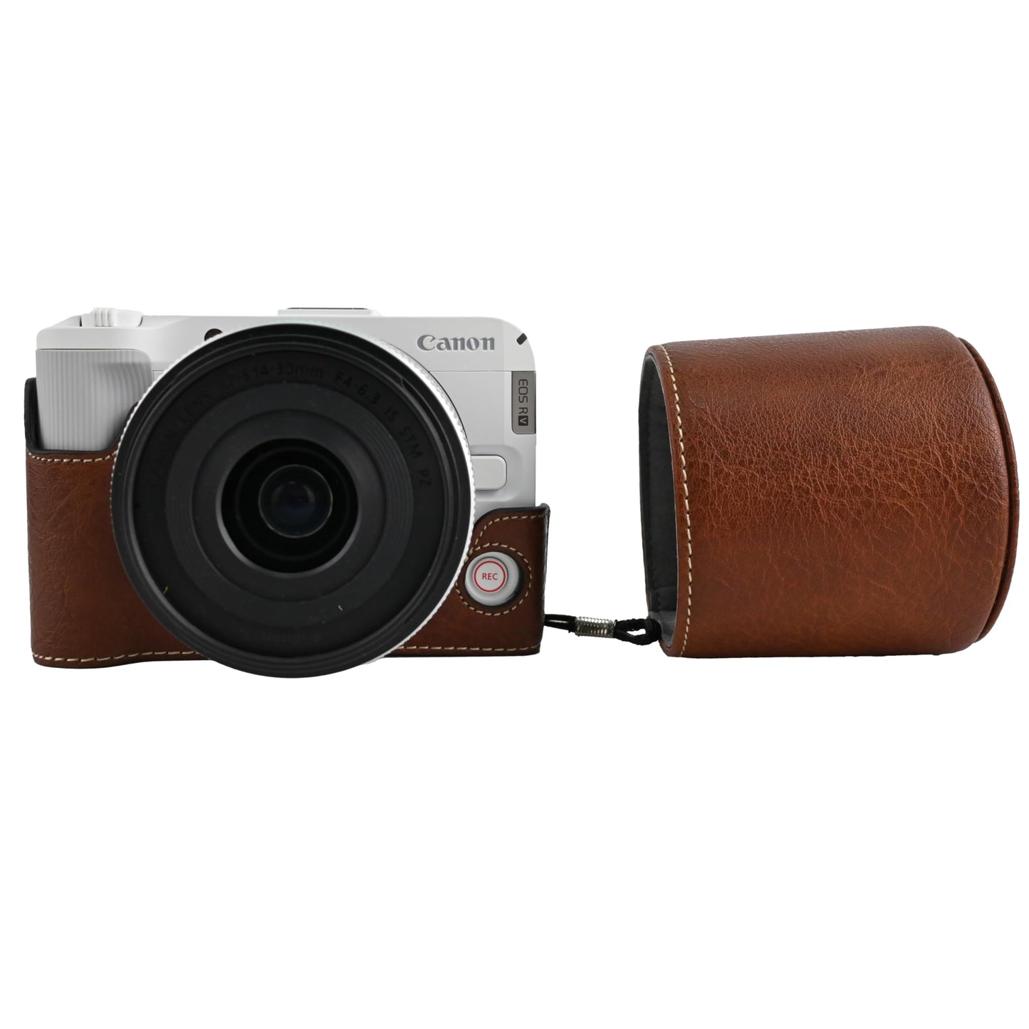 R50 V Case, BMAOLLONGB Handmade PU Leather Half Camera Case Bag Cover Bottom Opening Version for Canon Eos R50 V R50V with Neck Strap Lens Cover