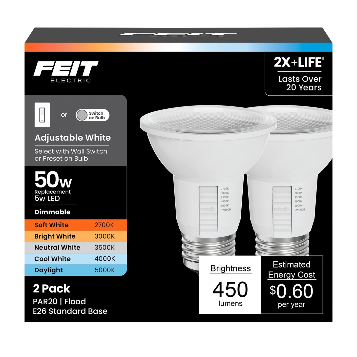 Feit Electric PAR20 LED Light Bulb, 50W Eq, 5CCT 6Way, 2 Pack
