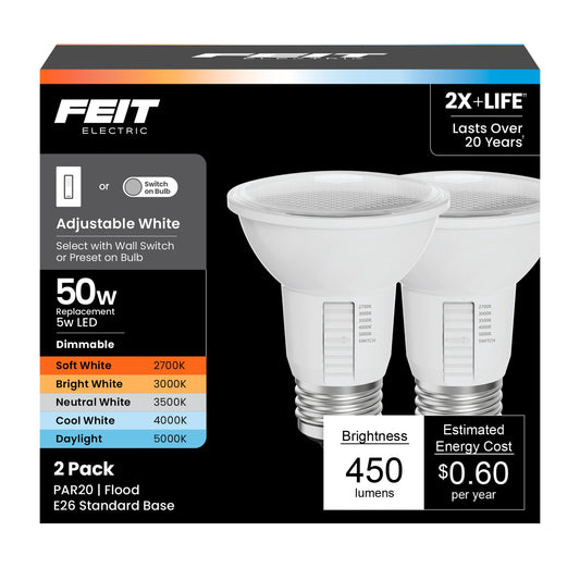 Feit Electric PAR20 LED Light Bulb, 50W Eq, 5CCT 6Way, 2 Pack