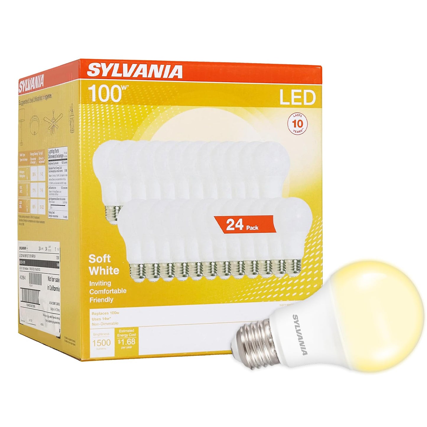 Sylvania LED Light Bulb, 100W Equivalent A19, Efficient 14W, Medium Base, Frosted Finish, 1500 Lumen, Soft White - 24 Pack (41299)