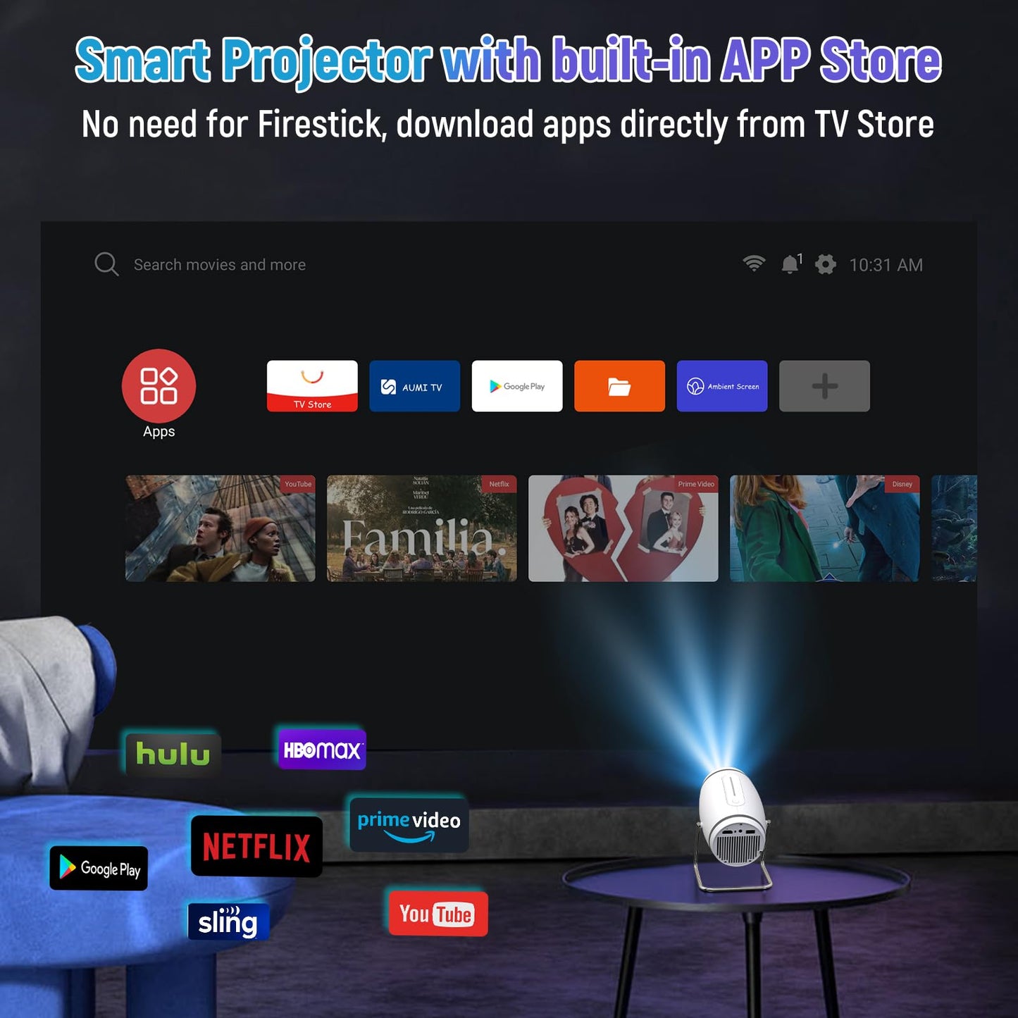 FEARWIKY Mini Portable Movie Projector with WiFi and Bluetooth, 4K 1080P Support, 180° Rotatable 130'' Screen, Auto Keystone Compatible
