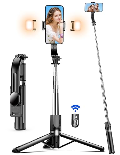 45" Selfie Stick Tripod with 2 Lights, Extendable 5 in 1 Selfie Stick Phone Tripod, Portable Selfie Sticks with Wireless Remote Compatible with iPhone