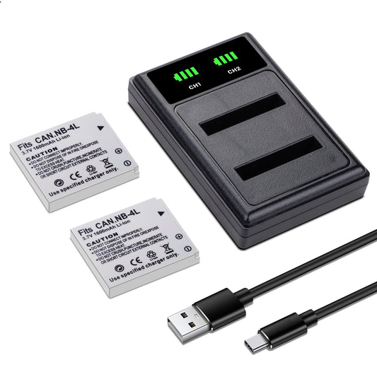 2-Pack NB-4L Battery with Smart LCD Display Dual Charger for Canon PowerShot ELPH 100 HS 300 HS 330 HS 310 HS SD1000 SD1100 is SD1400 is SD200 SD30