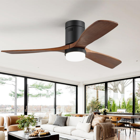CACI Mall 52 Inch Ceiling Fans with Lights and Remote, Low Profile Flush Mount Modern Wood Ceiling Fan with 3 Walnut Blades, for Indoor Bedroom Living