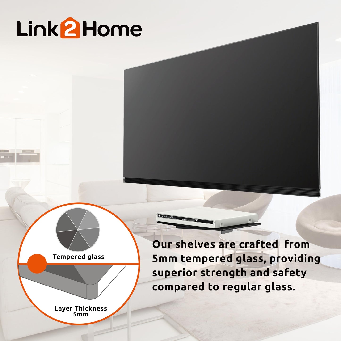 Link2Home Commercial Electric Series Tempered Glass Floating Entertainment Shelf, up to 20 lbs., Ideal for Streaming Devices and All TV Accessories