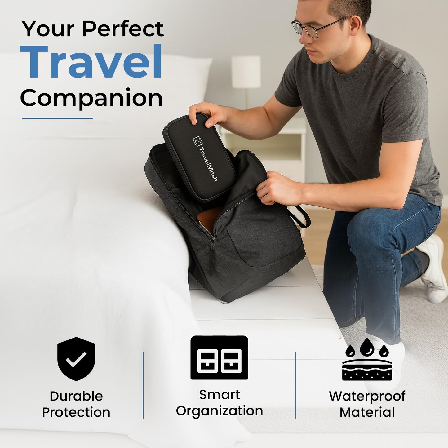 TravelMesh Travel Cable Organizer Bag for Electronics- Waterproof Tech Accessories Case for Cords, Chargers, Wires & Gadgets - Compact Travel Storage